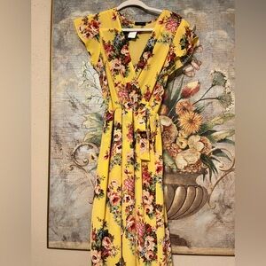 Sz M Scobe Boho Yellow Floral Midi Wrap Dress